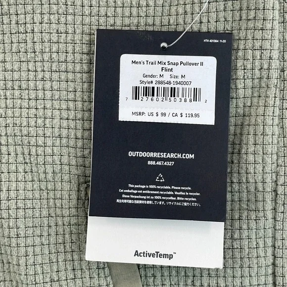 Outdoor Research Trail Mix Snap Pullover Men Medium Flint Fleece UPF 30 NWT $100 - Picture 3 of 9